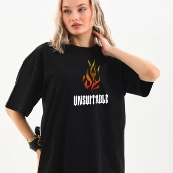 Kadın Baskılı T-Shirt Kısa Kol Bisiklet Yaka Oversize Rahat Kalıp Günlük Tişört - Siyah Kadın Baskılı T-Shirt Kısa Kol Bisiklet Yaka Oversize Rahat Kalıp Günlük Tişört - Siyah