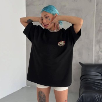 Kadın Baskılı T-Shirt Kısa Kol Bisiklet Yaka Oversize Rahat Kalıp Günlük Tişört - Siyah Kadın Baskılı T-Shirt Kısa Kol Bisiklet Yaka Oversize Rahat Kalıp Günlük Tişört - Siyah