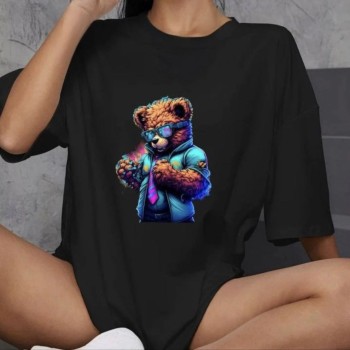 Kadın Baskılı T-Shirt Kısa Kol Bisiklet Yaka Oversize Rahat Kalıp Günlük Tişört - Siyah Kadın Baskılı T-Shirt Kısa Kol Bisiklet Yaka Oversize Rahat Kalıp Günlük Tişört - Siyah