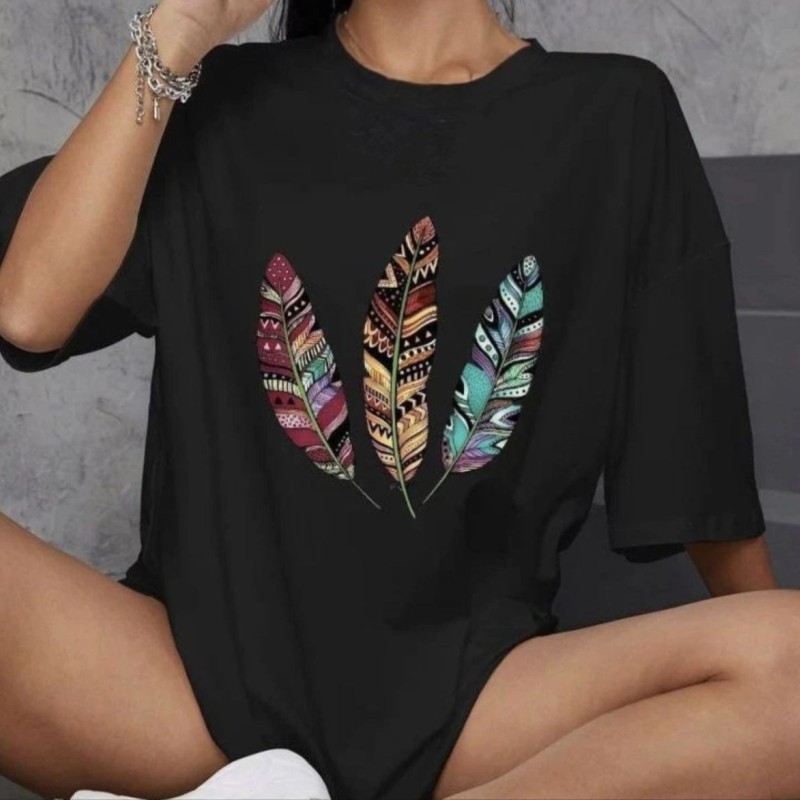 Kadın Baskılı T-Shirt Kısa Kol Bisiklet Yaka Oversize Rahat Kalıp Günlük Tişört - Siyah Kadın Baskılı T-Shirt Kısa Kol Bisiklet Yaka Oversize Rahat Kalıp Günlük Tişört - Siyah