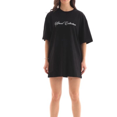 Kadın Baskılı T-Shirt Kısa Kol Bisiklet Yaka Oversize Rahat Kalıp Günlük Tişört - Siyah Kadın Baskılı T-Shirt Kısa Kol Bisiklet Yaka Oversize Rahat Kalıp Günlük Tişört - Siyah