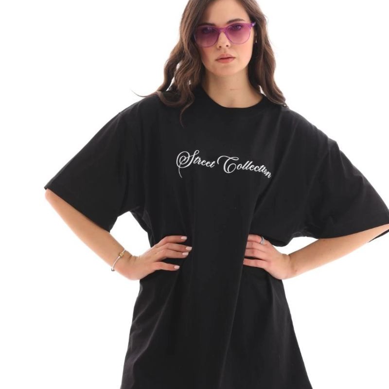 Kadın Baskılı T-Shirt Kısa Kol Bisiklet Yaka Oversize Rahat Kalıp Günlük Tişört - Siyah Kadın Baskılı T-Shirt Kısa Kol Bisiklet Yaka Oversize Rahat Kalıp Günlük Tişört - Siyah