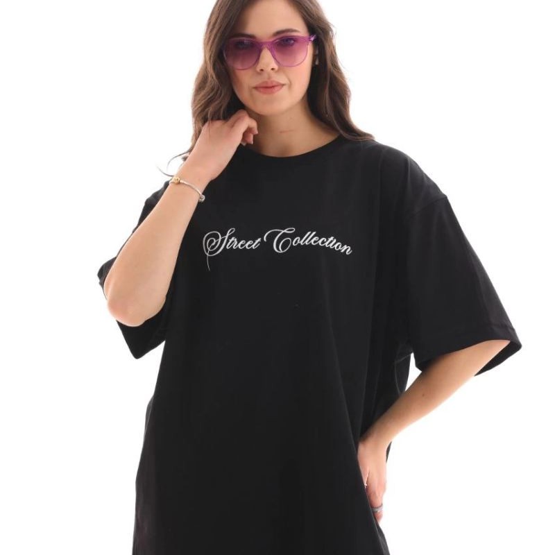 Kadın Baskılı T-Shirt Kısa Kol Bisiklet Yaka Oversize Rahat Kalıp Günlük Tişört - Siyah Kadın Baskılı T-Shirt Kısa Kol Bisiklet Yaka Oversize Rahat Kalıp Günlük Tişört - Siyah