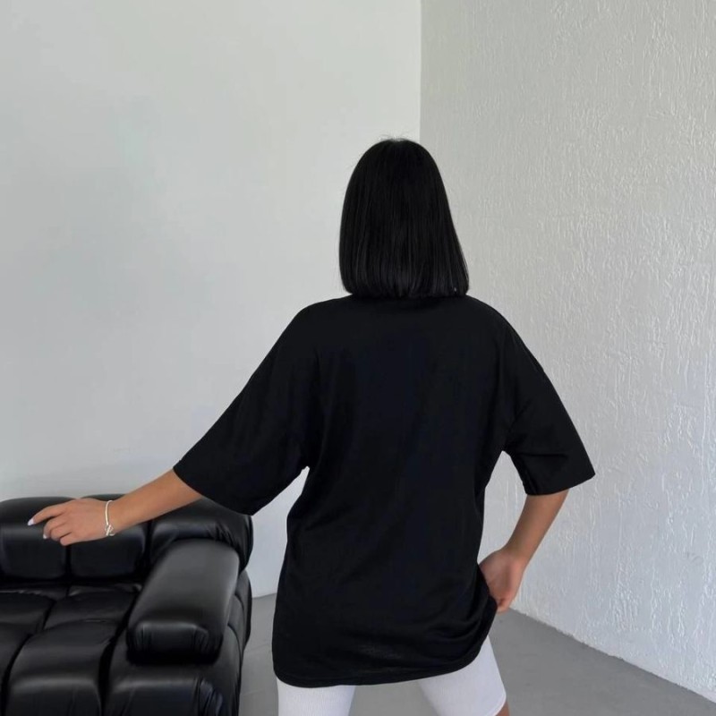 Kadın Baskılı T-Shirt Kısa Kol Bisiklet Yaka Oversize Rahat Kalıp Günlük Tişört - Siyah Kadın Baskılı T-Shirt Kısa Kol Bisiklet Yaka Oversize Rahat Kalıp Günlük Tişört - Siyah
