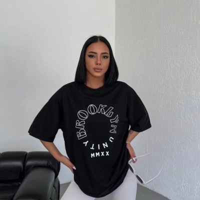 Kadın Baskılı T-Shirt Kısa Kol Bisiklet Yaka Oversize Rahat Kalıp Günlük Tişört - Siyah Kadın Baskılı T-Shirt Kısa Kol Bisiklet Yaka Oversize Rahat Kalıp Günlük Tişört - Siyah