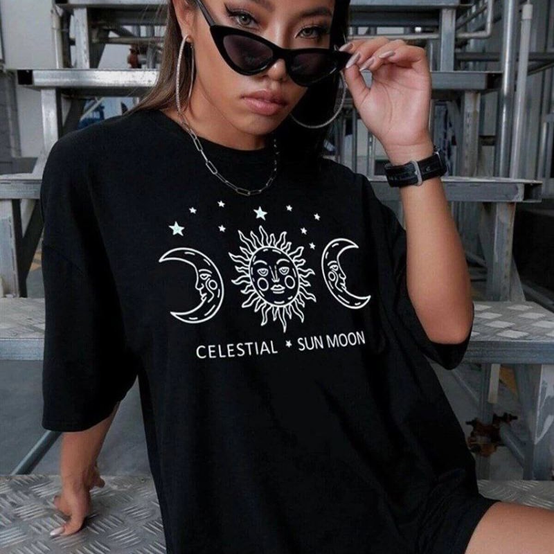 Kadın Baskılı T-Shirt Kısa Kol Bisiklet Yaka Oversize Rahat Kalıp Tişört - Siyah