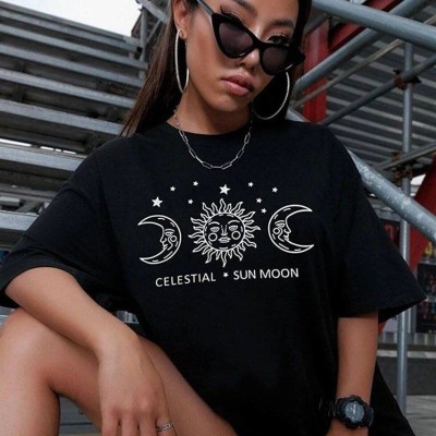 Kadın Baskılı T-Shirt Kısa Kol Bisiklet Yaka Oversize Rahat Kalıp Tişört - Siyah
