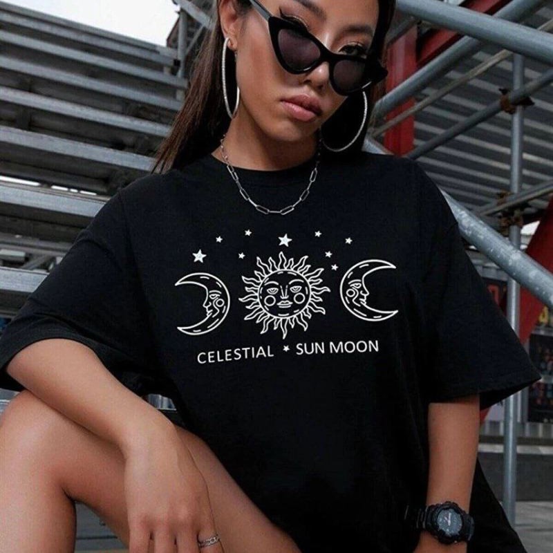 Kadın Baskılı T-Shirt Kısa Kol Bisiklet Yaka Oversize Rahat Kalıp Tişört - Siyah