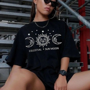 Kadın Baskılı T-Shirt Kısa Kol Bisiklet Yaka Oversize Rahat Kalıp Tişört - Siyah