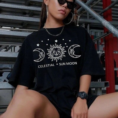 Kadın Baskılı T-Shirt Kısa Kol Bisiklet Yaka Oversize Rahat Kalıp Tişört - Siyah