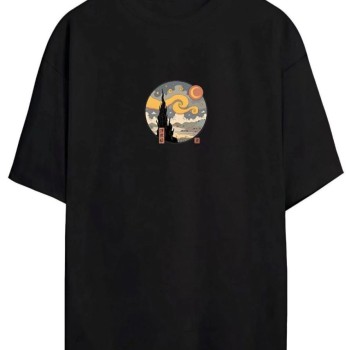 Kadın Baskılı T-Shirt Kısa Kol Bisiklet Yaka Oversize Rahat Kalıp Tişört - Siyah