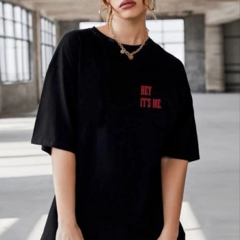 Kadın Baskılı T-Shirt Kısa Kol Bisiklet Yaka Oversize Rahat Kalıp Tişört - Siyah