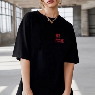 Kadın Baskılı T-Shirt Kısa Kol Bisiklet Yaka Oversize Rahat Kalıp Tişört - Siyah