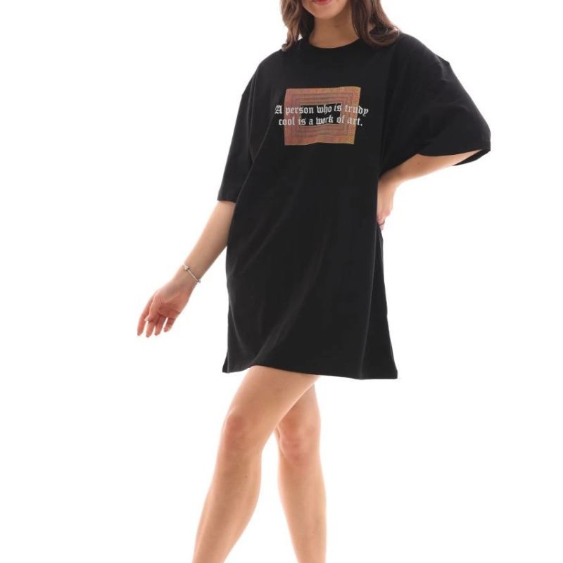 Kadın Baskılı T-Shirt Kısa Kol Bisiklet Yaka Oversize Rahat Kalıp Tişört - Siyah