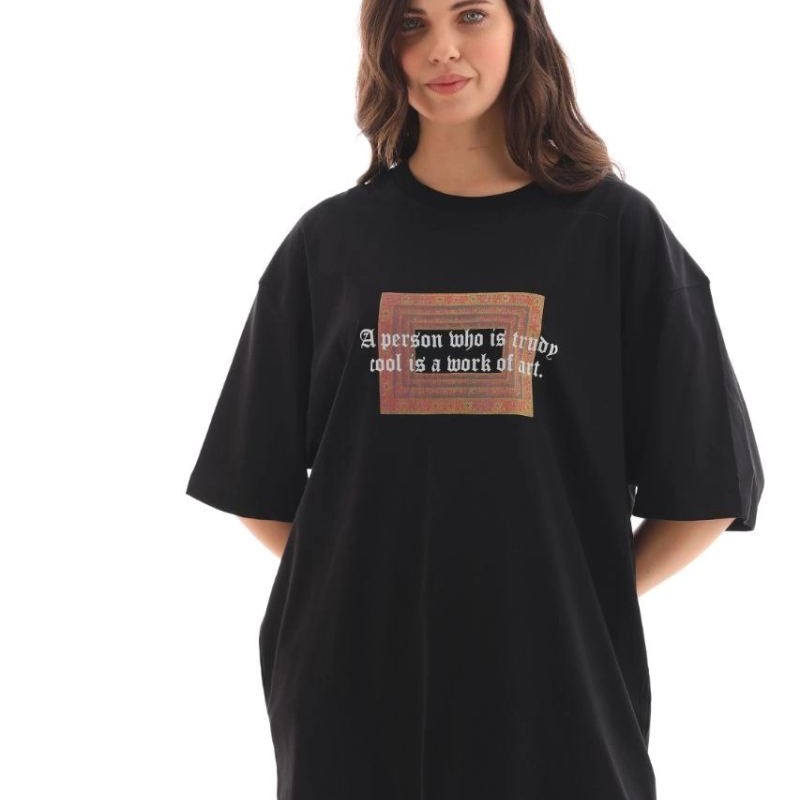 Kadın Baskılı T-Shirt Kısa Kol Bisiklet Yaka Oversize Rahat Kalıp Tişört - Siyah