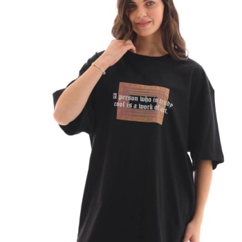 Kadın Baskılı T-Shirt Kısa Kol Bisiklet Yaka Oversize Rahat Kalıp Tişört - Siyah