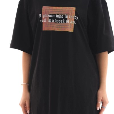 Kadın Baskılı T-Shirt Kısa Kol Bisiklet Yaka Oversize Rahat Kalıp Tişört - Siyah