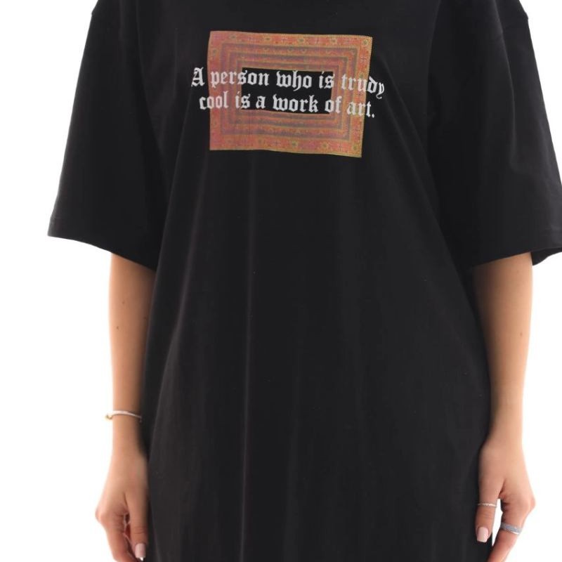 Kadın Baskılı T-Shirt Kısa Kol Bisiklet Yaka Oversize Rahat Kalıp Tişört - Siyah