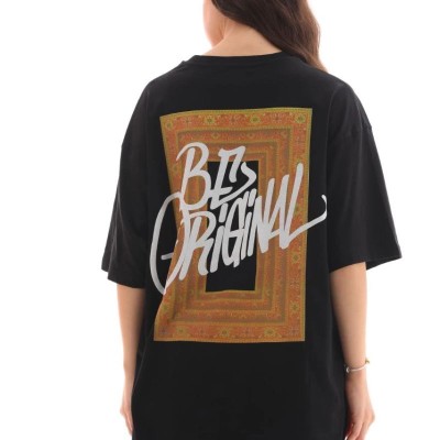 Kadın Baskılı T-Shirt Kısa Kol Bisiklet Yaka Oversize Rahat Kalıp Tişört - Siyah