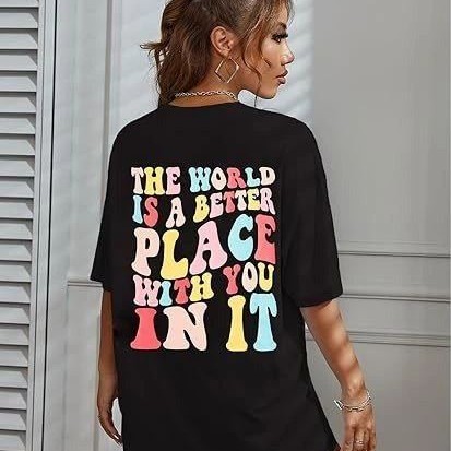 Kadın Baskılı T-Shirt Kısa Kol Bisiklet Yaka Oversize Rahat Kalıp Tişört - Siyah Kadın Baskılı T-Shirt Kısa Kol Bisiklet Yaka Oversize Rahat Kalıp Tişört - Siyah