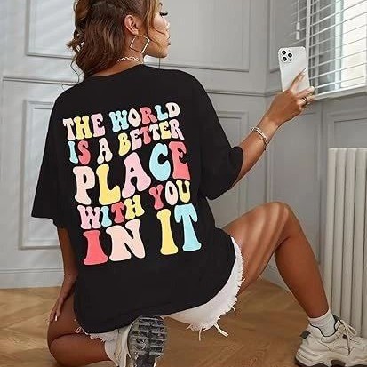 Kadın Baskılı T-Shirt Kısa Kol Bisiklet Yaka Oversize Rahat Kalıp Tişört - Siyah Kadın Baskılı T-Shirt Kısa Kol Bisiklet Yaka Oversize Rahat Kalıp Tişört - Siyah