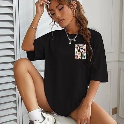 Kadın Baskılı T-Shirt Kısa Kol Bisiklet Yaka Oversize Rahat Kalıp Tişört - Siyah Kadın Baskılı T-Shirt Kısa Kol Bisiklet Yaka Oversize Rahat Kalıp Tişört - Siyah