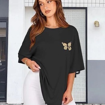 Kadın Baskılı T-Shirt Kısa Kol Bisiklet Yaka Oversize Rahat Kalıp Tişört - Siyah Kadın Baskılı T-Shirt Kısa Kol Bisiklet Yaka Oversize Rahat Kalıp Tişört - Siyah
