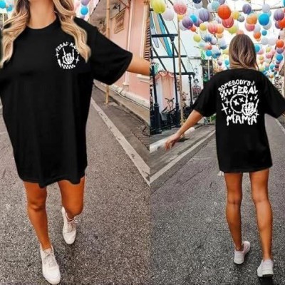 Kadın Baskılı T-Shirt Kısa Kol Bisiklet Yaka Oversize Rahat Kalıp Tişört - Siyah Kadın Baskılı T-Shirt Kısa Kol Bisiklet Yaka Oversize Rahat Kalıp Tişört - Siyah