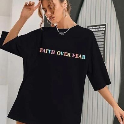 Kadın Baskılı T-Shirt Kısa Kol Bisiklet Yaka Oversize Rahat Kalıp Tişört - Siyah Kadın Baskılı T-Shirt Kısa Kol Bisiklet Yaka Oversize Rahat Kalıp Tişört - Siyah