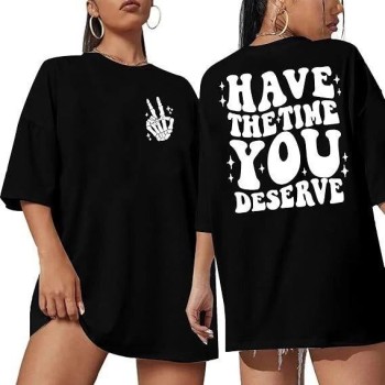 Kadın Baskılı T-Shirt Kısa Kol Bisiklet Yaka Oversize Rahat Kalıp Tişört - Siyah Kadın Baskılı T-Shirt Kısa Kol Bisiklet Yaka Oversize Rahat Kalıp Tişört - Siyah