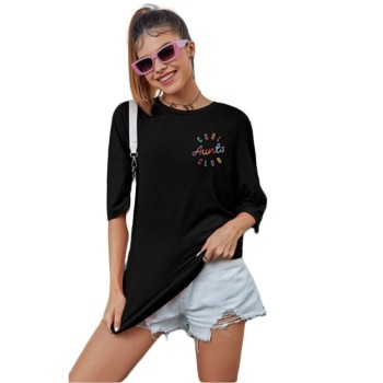 Kadın Baskılı T-Shirt Kısa Kol Bisiklet Yaka Oversize Rahat Kalıp Tişört - Siyah Kadın Baskılı T-Shirt Kısa Kol Bisiklet Yaka Oversize Rahat Kalıp Tişört - Siyah