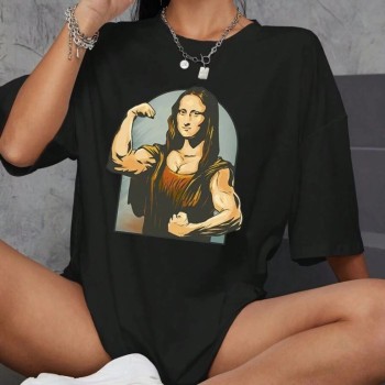 Kadın Baskılı T-Shirt Kısa Kol Bisiklet Yaka Oversize Rahat Kalıp Tişört - Siyah