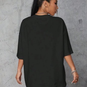 Kadın Baskılı T-Shirt Kısa Kol Bisiklet Yaka Oversize Rahat Kalıp Tişört - Siyah Kadın Baskılı T-Shirt Kısa Kol Bisiklet Yaka Oversize Rahat Kalıp Tişört - Siyah