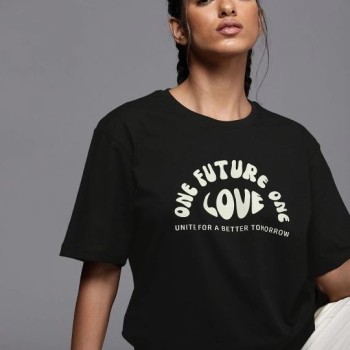 Kadın Baskılı T-Shirt Kısa Kol Bisiklet Yaka Oversize Rahat Kalıp Tişört - Siyah
