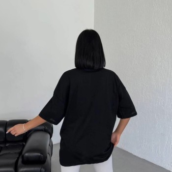 Kadın Baskılı T-Shirt Kısa Kol Bisiklet Yaka Oversize Tişört - Siyah Kadın Baskılı T-Shirt Kısa Kol Bisiklet Yaka Oversize Tişört - Siyah