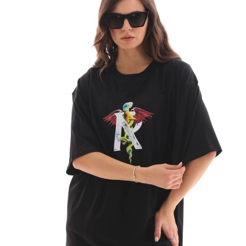 Kadın Baskılı T-Shirt Kısa Kol Bisiklet Yaka Regular Fit Rahat Kalıp Günlük Tişört -Siyah Kadın Baskılı T-Shirt Kısa Kol Bisiklet Yaka Regular Fit Rahat Kalıp Günlük Tişört -Siyah