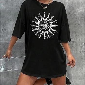 Kadın Baskılı T-Shirt Kısa Kol Bisiklet Yaka Regular Fit Rahat Kalıp Tişört - Siyah Kadın Baskılı T-Shirt Kısa Kol Bisiklet Yaka Regular Fit Rahat Kalıp Tişört - Siyah