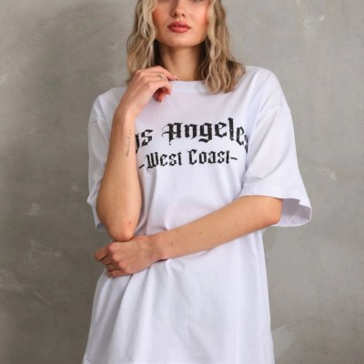 Kadın Baskılı Tişört Kısa Kol Bisiklet Yaka Oversize T-Shirt - Beyaz Kadın Baskılı Tişört Kısa Kol Bisiklet Yaka Oversize T-Shirt - Beyaz