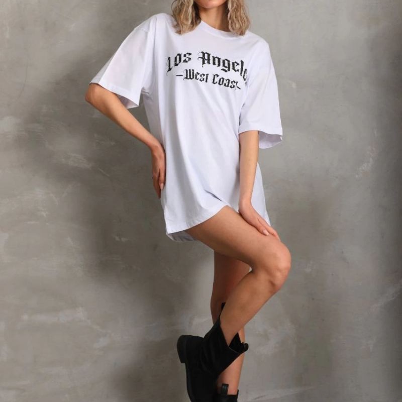 Kadın Baskılı Tişört Kısa Kol Bisiklet Yaka Oversize T-Shirt - Beyaz Kadın Baskılı Tişört Kısa Kol Bisiklet Yaka Oversize T-Shirt - Beyaz