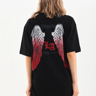 Kadın Baskılı Tişört Kısa Kol Bisiklet Yaka Oversize T-Shirt - Siyah Kadın Baskılı Tişört Kısa Kol Bisiklet Yaka Oversize T-Shirt - Siyah