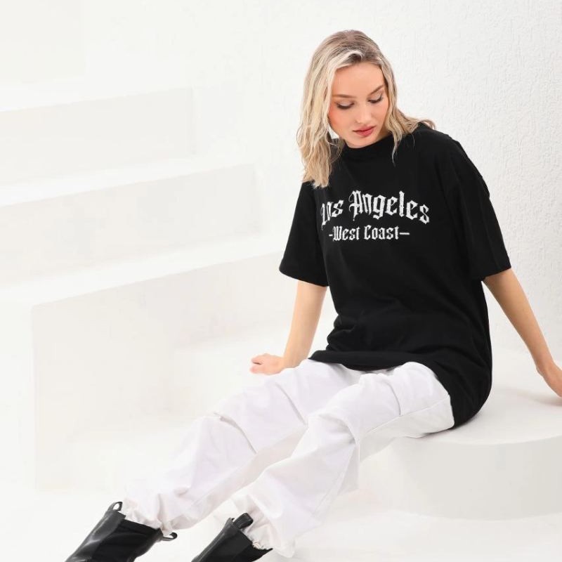 Kadın Baskılı Tişört Kısa Kol Bisiklet Yaka Oversize T-Shirt - Siyah Kadın Baskılı Tişört Kısa Kol Bisiklet Yaka Oversize T-Shirt - Siyah