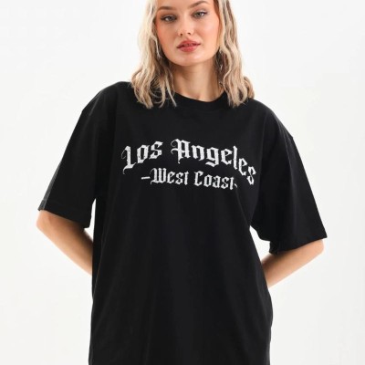 Kadın Baskılı Tişört Kısa Kol Bisiklet Yaka Oversize T-Shirt - Siyah Kadın Baskılı Tişört Kısa Kol Bisiklet Yaka Oversize T-Shirt - Siyah