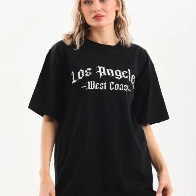 Kadın Baskılı Tişört Kısa Kol Bisiklet Yaka Oversize T-Shirt - Siyah Kadın Baskılı Tişört Kısa Kol Bisiklet Yaka Oversize T-Shirt - Siyah