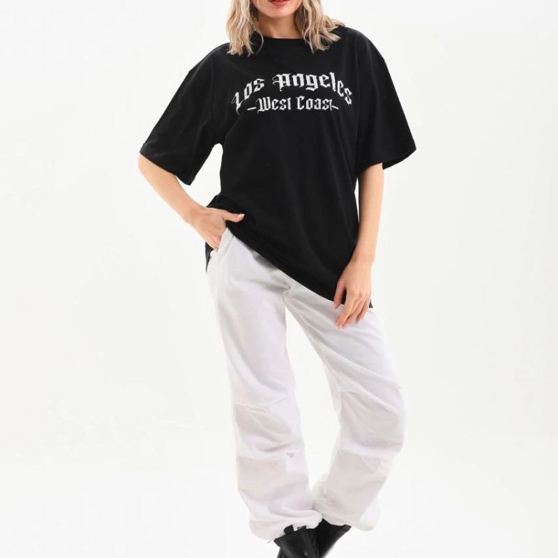 Kadın Baskılı Tişört Kısa Kol Bisiklet Yaka Oversize T-Shirt - Siyah Kadın Baskılı Tişört Kısa Kol Bisiklet Yaka Oversize T-Shirt - Siyah