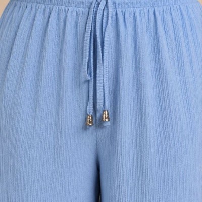 Kadın Battal Beden Bürümcük Kumaş Beli Lastikli Bağcıklı Bol Paça Palazzo Pantolon - Bebek Mavisi