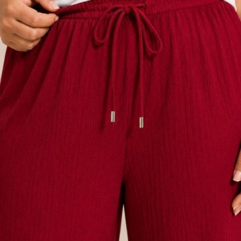 Kadın Battal Beden Bürümcük Kumaş Beli Lastikli Bağcıklı Bol Paça Palazzo Pantolon - Bordo Kadın Battal Beden Bürümcük Kumaş Beli Lastikli Bağcıklı Bol Paça Palazzo Pantolon - Bordo