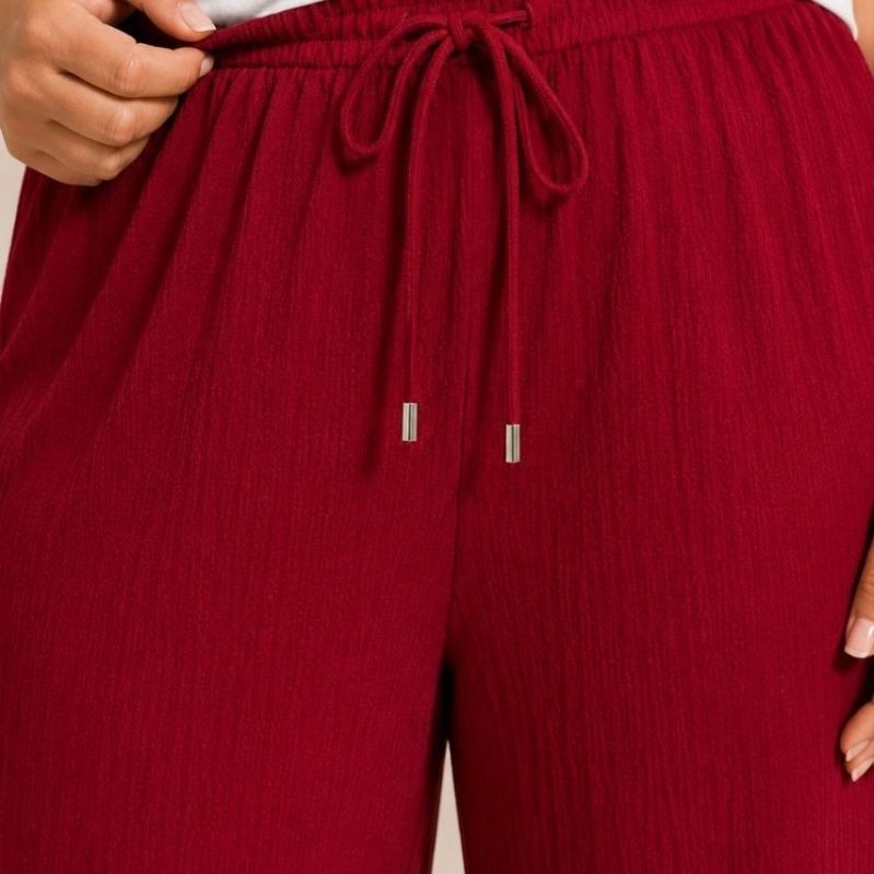 Kadın Battal Beden Bürümcük Kumaş Beli Lastikli Bağcıklı Bol Paça Palazzo Pantolon - Bordo