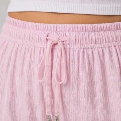 Kadın Battal Beden Bürümcük Kumaş Beli Lastikli Bağcıklı Bol Paça Palazzo Pantolon - Pembe