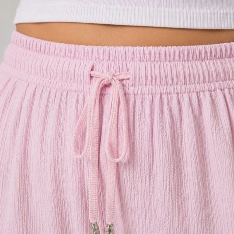 Kadın Battal Beden Bürümcük Kumaş Beli Lastikli Bağcıklı Bol Paça Palazzo Pantolon - Pembe
