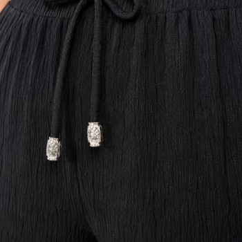 Kadın Battal Beden Bürümcük Kumaş Beli Lastikli Bağcıklı Bol Paça Palazzo Pantolon - Siyah Kadın Battal Beden Bürümcük Kumaş Beli Lastikli Bağcıklı Bol Paça Palazzo Pantolon - Siyah